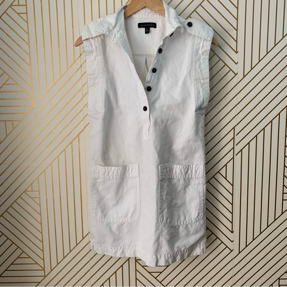 Banana Republic Utility cotton linen blend Mini White Denim button up Dress XXS - Picture 2 of 11